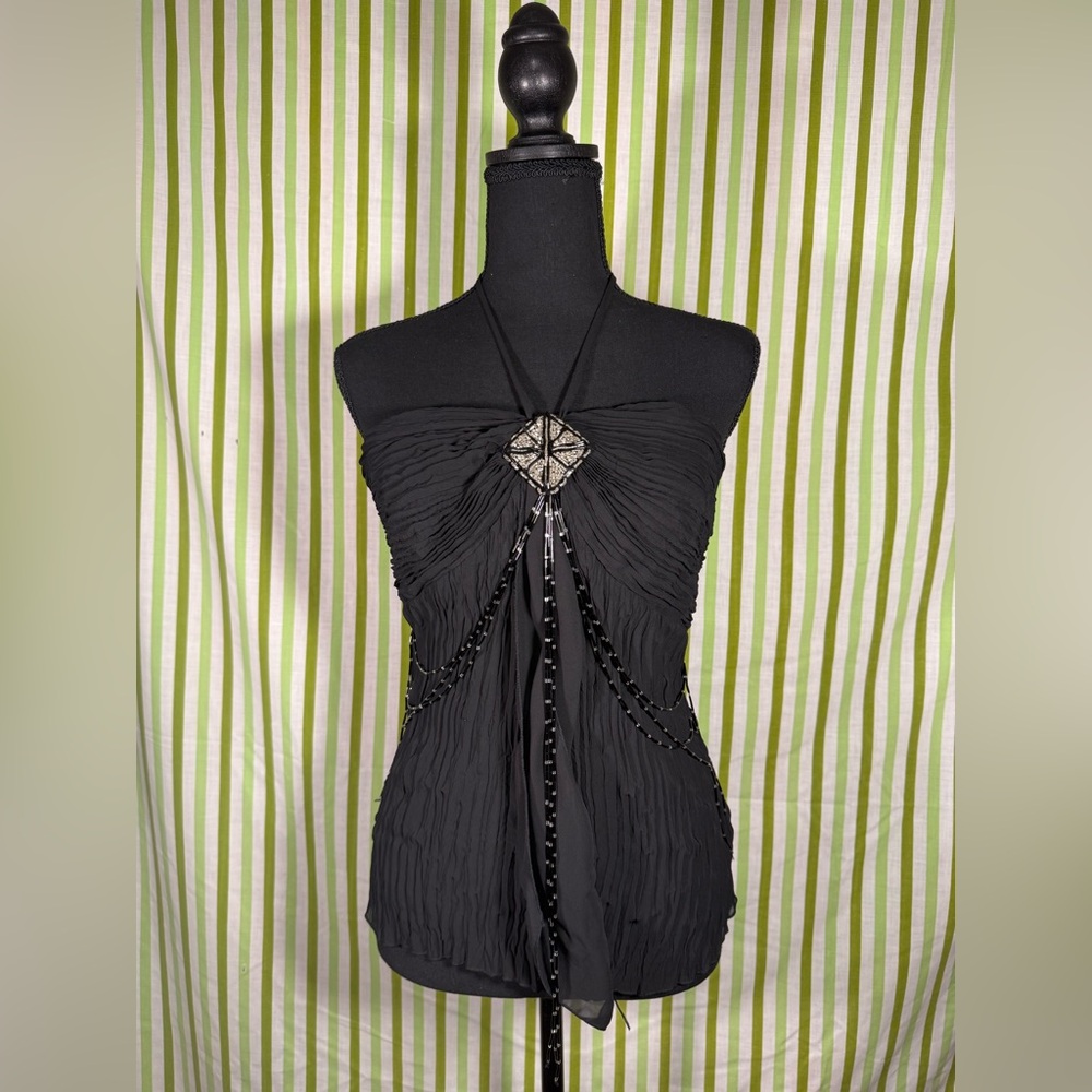 Kaelyn-Max Black Beaded Halter Top, Chiffon Layered Top, Size Medium - Picture 10 of 16